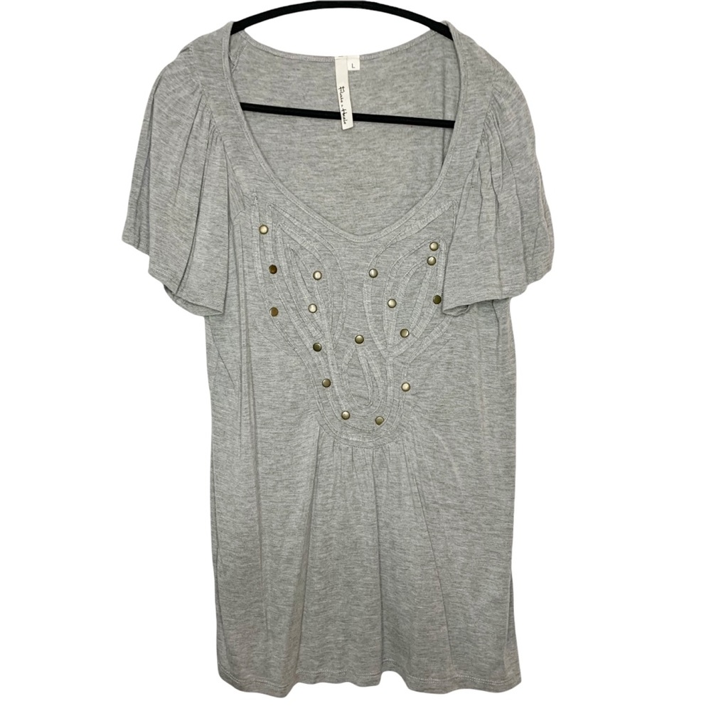 Flats and Heels Gray Studded Embroidered Short Sleeve Shirt Size Large